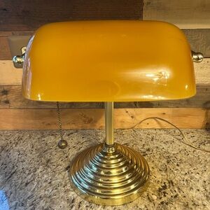 Vintage Amber Banker’s Lamp with Brass Base